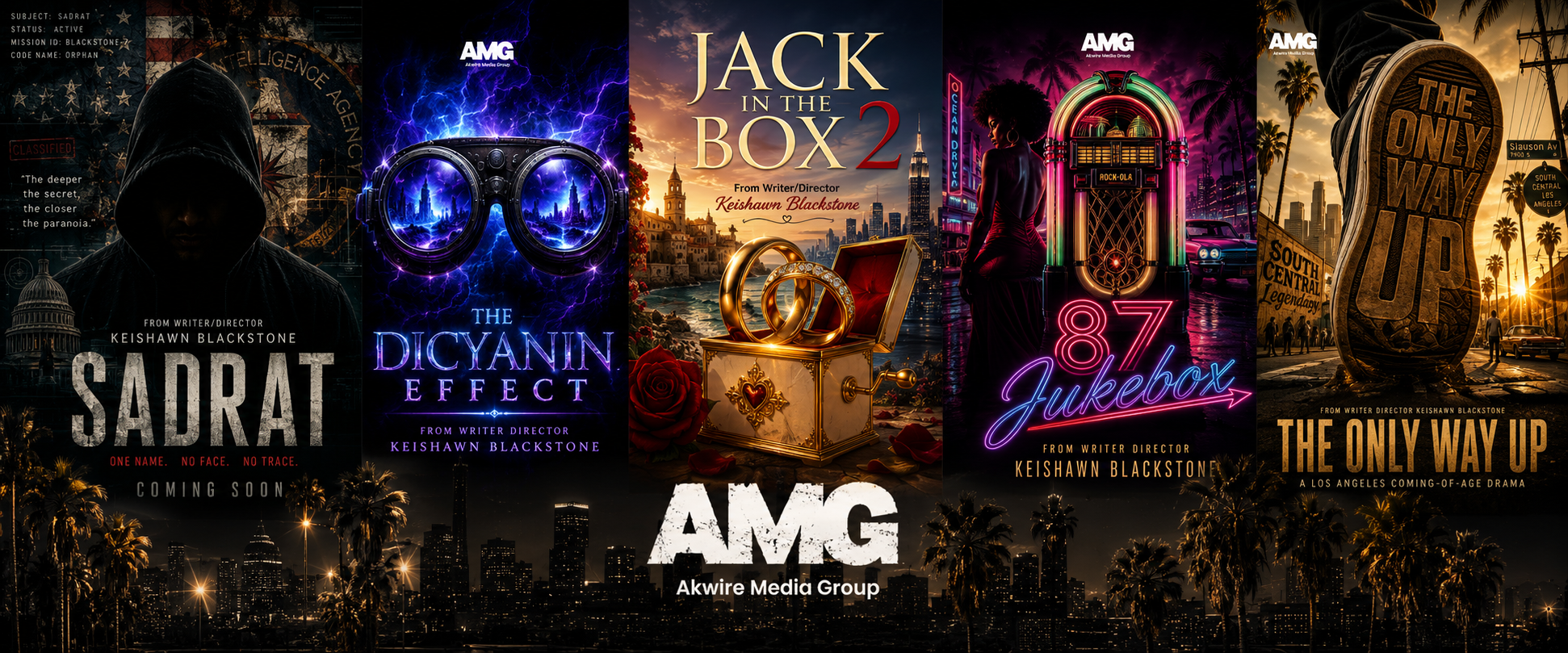 Akwire Media Group upcoming slate — Sadrat, The Dicyanin Effect, Jack in the Box 2, 87 Jukebox, and The Only Way Up